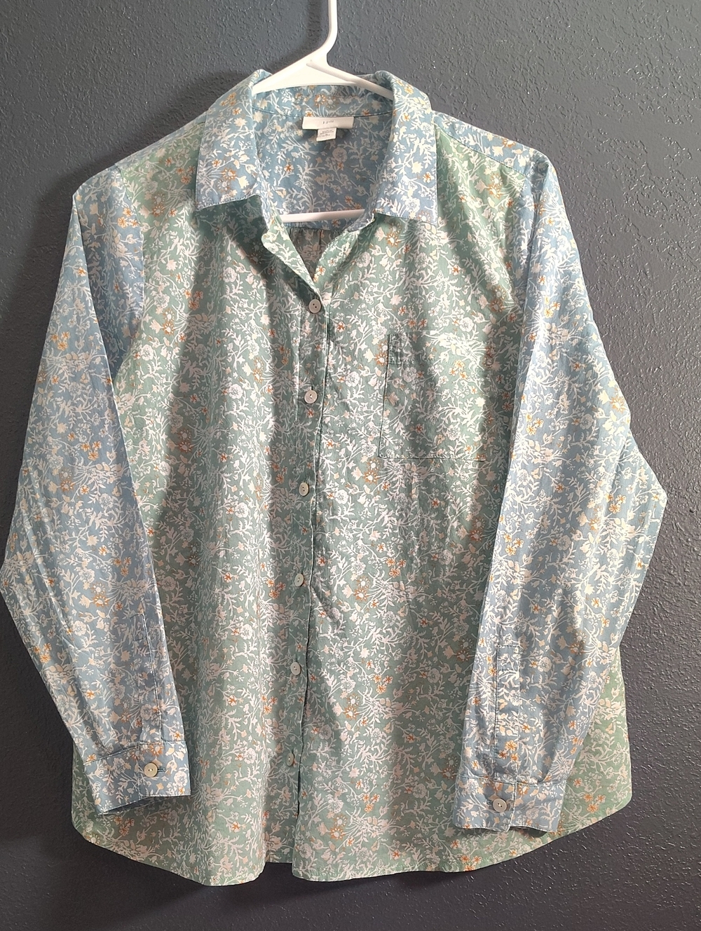 J. Jill Pastel Floral Color Block Button-Down Shirt in Blue and Green
